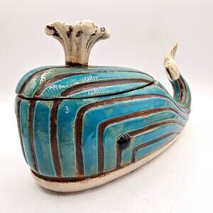 Coastal Ceramic Whale Jar With Lid Turquoise Distressed Beach Decor Storage 12in